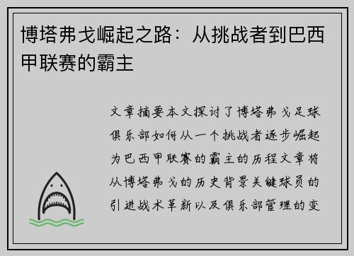 博塔弗戈崛起之路:从挑战者到巴西甲联赛的霸主 博塔弗戈崛起之路:从挑战者到巴西甲联赛的霸主